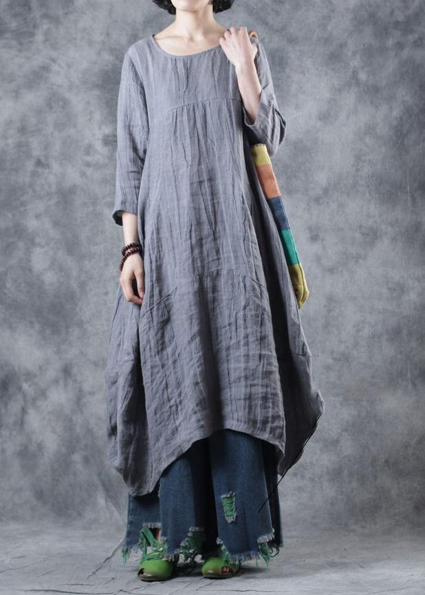 Natural linen clothes For Women Work gray Dress o neck - SooLinen