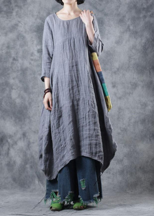 Natural linen clothes For Women Work gray Dress o neck - SooLinen
