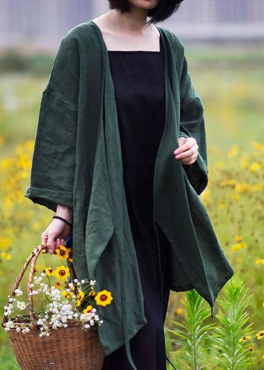 Natural linen top silhouette plus size Casual Pure Color Lacing Long Sleeve Coat - SooLinen