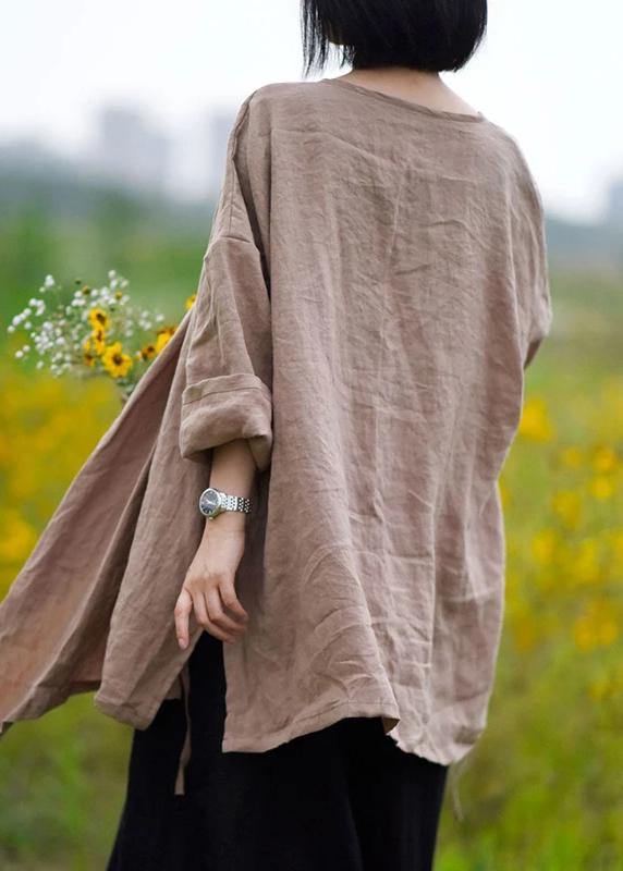 Natural linen top silhouette plus size Casual Pure Color Lacing Long Sleeve Coat - SooLinen