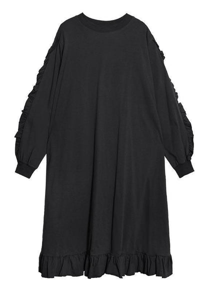 Natural o neck Ruffles quilting dresses Work black Maxi Dresses - SooLinen