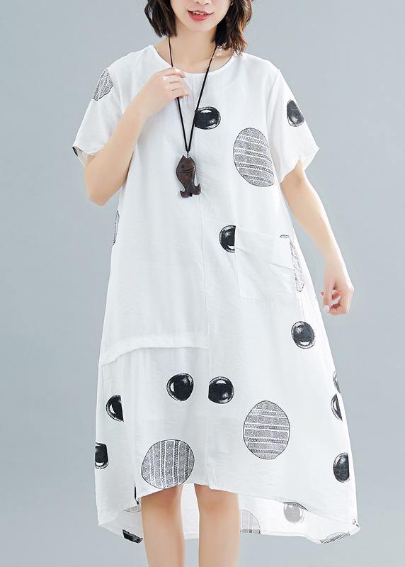 Natural o neck asymmetric cotton clothes Work white dotted Traveling Dresses summer - SooLinen