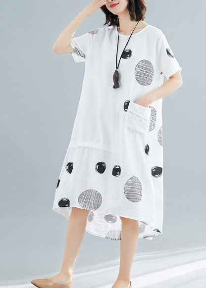 Natural o neck asymmetric cotton clothes Work white dotted Traveling Dresses summer - SooLinen