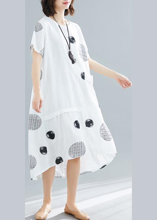 Natural o neck asymmetric cotton clothes Work white dotted Traveling Dresses summer - SooLinen