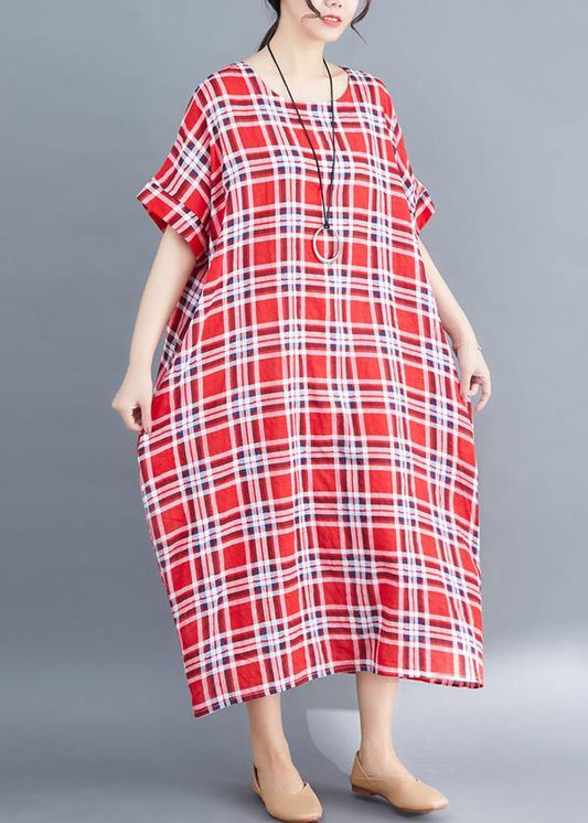 Natural o neck cotton clothes For Women Fabrics red plaid Maxi Dress summer - SooLinen