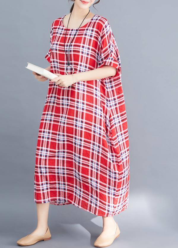 Natural o neck cotton clothes For Women Fabrics red plaid Maxi Dress summer - SooLinen
