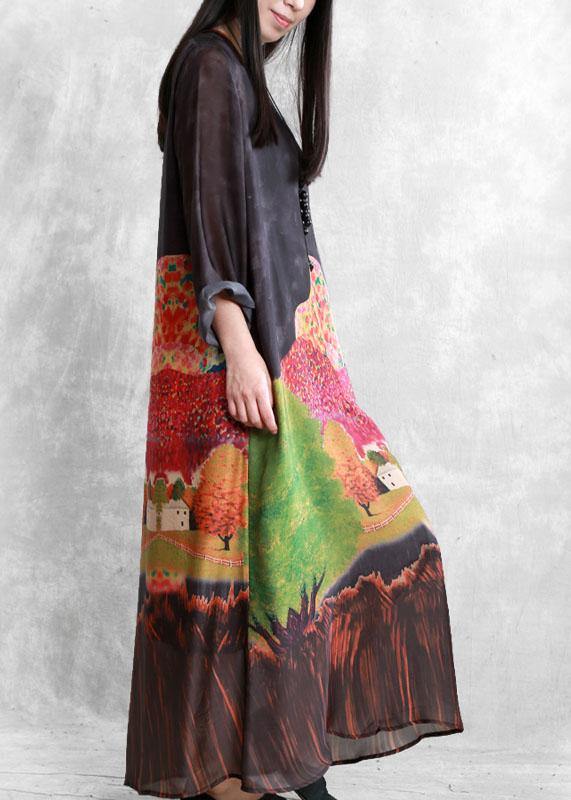 Natural o neck fall Tunics Catwalk black print Robe Dresses - SooLinen