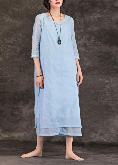 Natural o neck half sleeve cotton Tunics Work light blue Traveling Dress summer - SooLinen