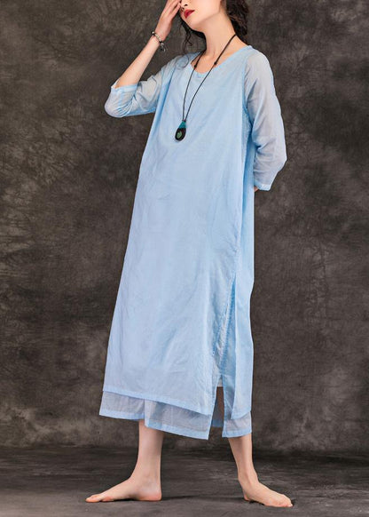 Natural o neck half sleeve cotton Tunics Work light blue Traveling Dress summer - SooLinen