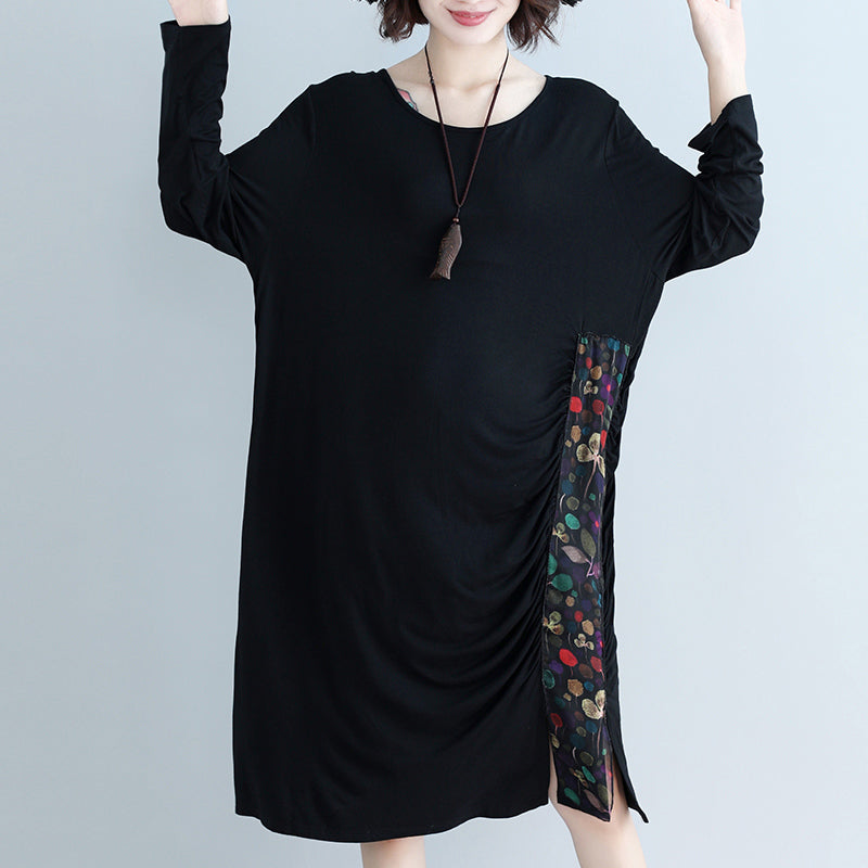 Natural o neck patchwork Cotton Blended Tunics Casual Work black Knee Dress