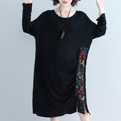 Natural o neck patchwork Cotton Blended Tunics Casual Work black Knee Dress