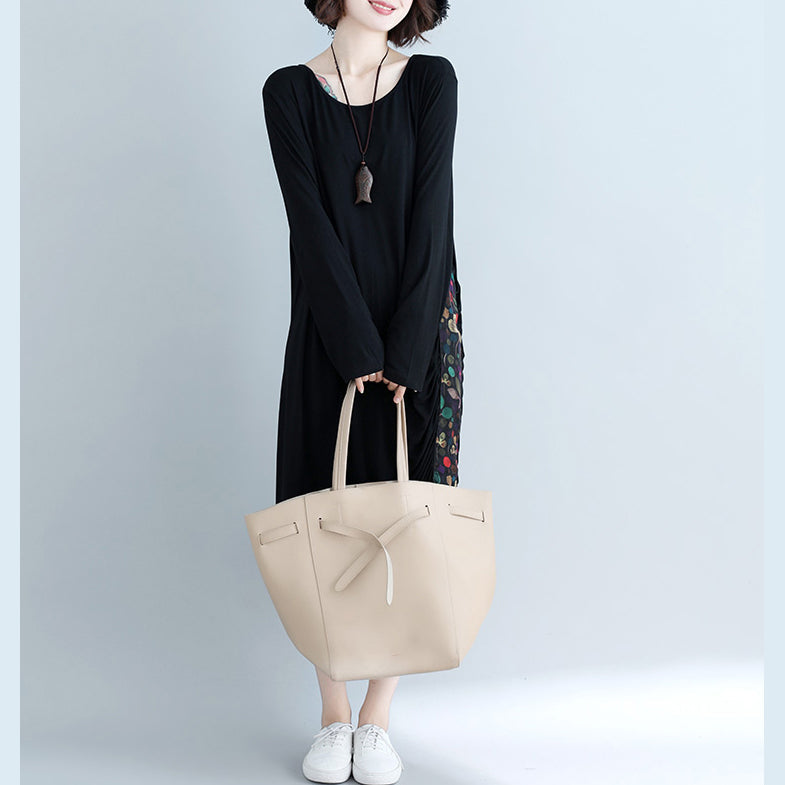 Natural o neck patchwork Cotton Blended Tunics Casual Work black Knee Dress