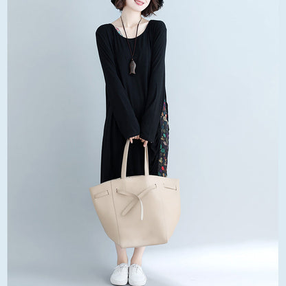 Natural o neck patchwork Cotton Blended Tunics Casual Work black Knee Dress