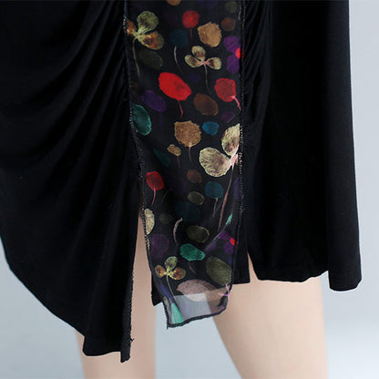 Natural o neck patchwork Cotton Blended Tunics Casual Work black Knee Dress