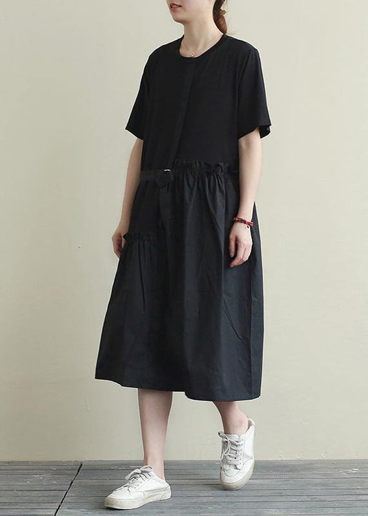 Natural o neck patchwork summer top Outfits black long Dress - SooLinen