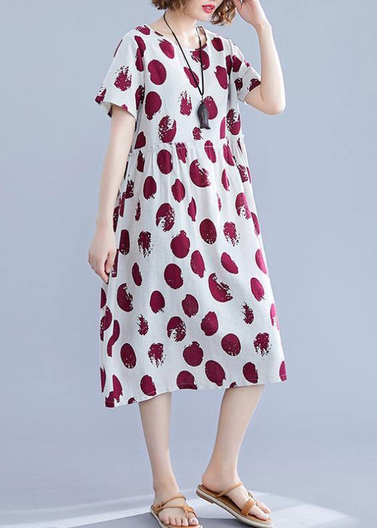 Natural o neck short sleeve Cotton quilting clothes Shape red dotted Dresses - SooLinen
