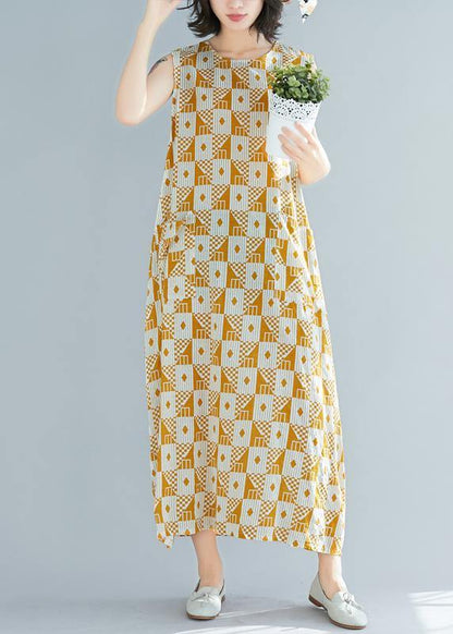 Natural o neck sleeveless cotton summer clothes Women yellow Geometric Kaftan Dresses - SooLinen