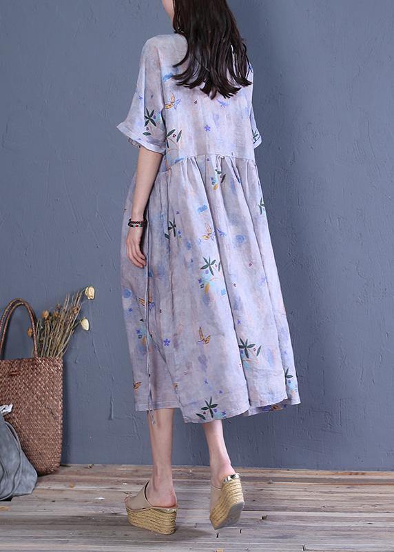 Natural o neck tie waist linen clothes For Women Fabrics gray print Dresses - SooLinen