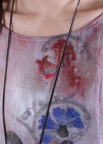 Natural o neck tie waist linen clothes For Women Fabrics gray print Dresses - SooLinen