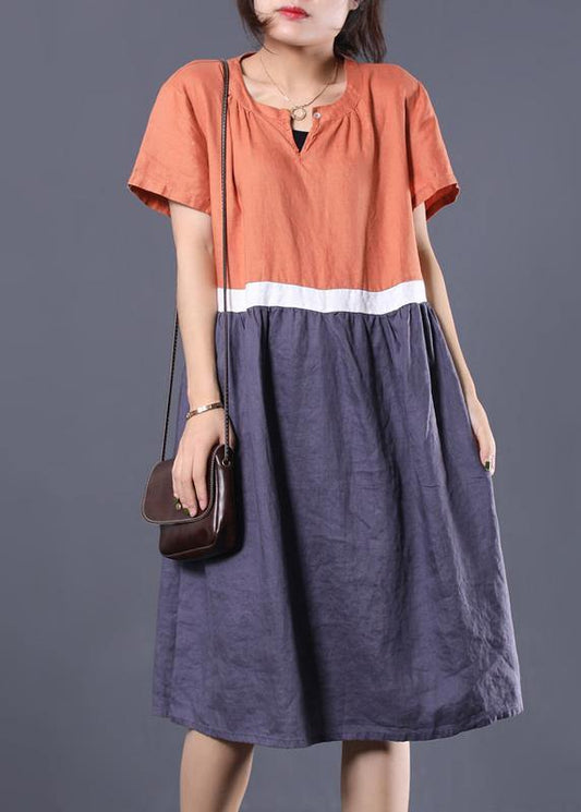 Natural patchwork color linen dresses Shape orange v neck Dress summer - SooLinen