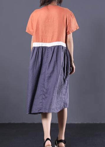 Natural patchwork color linen dresses Shape orange v neck Dress summer - SooLinen