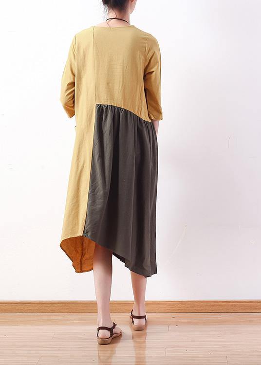 Natural patchwork cotton dresses Wardrobes black bracelet sleeved Plus Size Dress summer - SooLinen