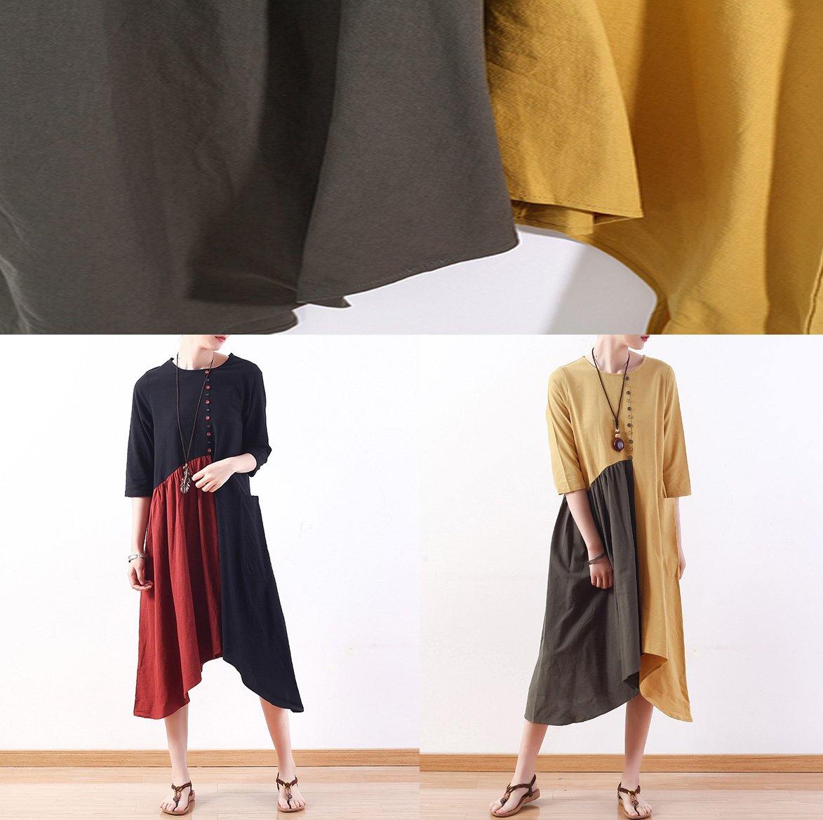 Natural patchwork cotton dresses Wardrobes black bracelet sleeved Plus Size Dress summer - SooLinen