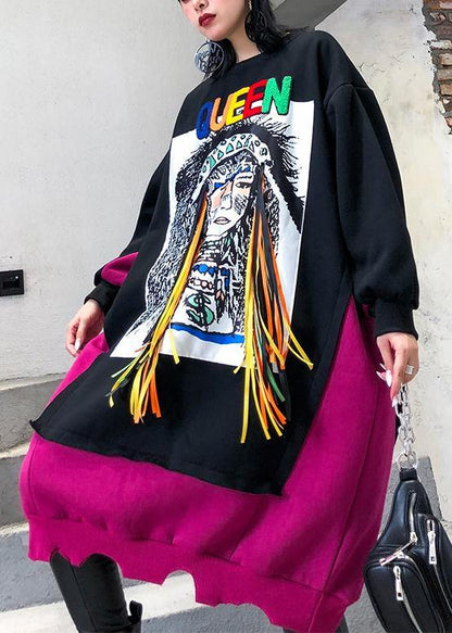 Natural patchwork cotton winter Tunic Fashion Ideas black Cartoon print Dresses - SooLinen