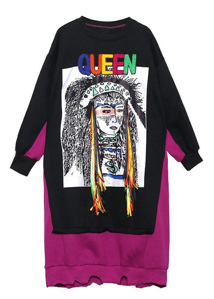 Natural patchwork cotton winter Tunic Fashion Ideas black Cartoon print Dresses - SooLinen