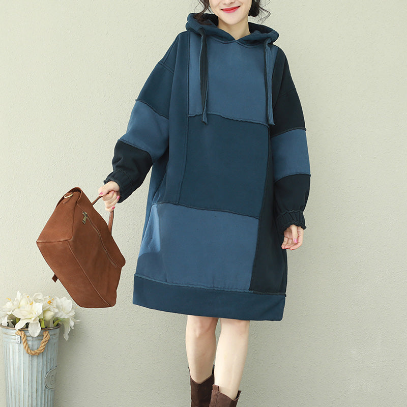 Natural patchwork hooded Cotton quilting dresses 2025 blue Midi Dress