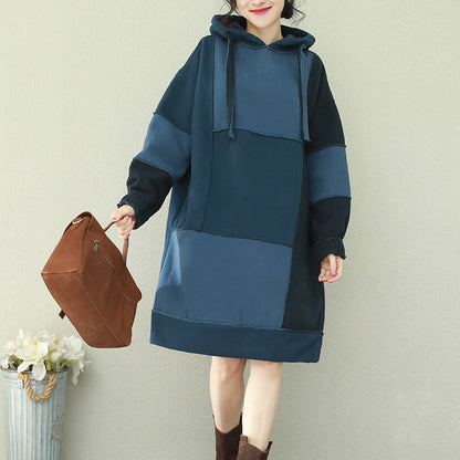 Natural patchwork hooded Cotton quilting dresses 2025 blue Midi Dress
