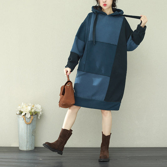 Natural patchwork hooded Cotton quilting dresses 2025 blue Midi Dress