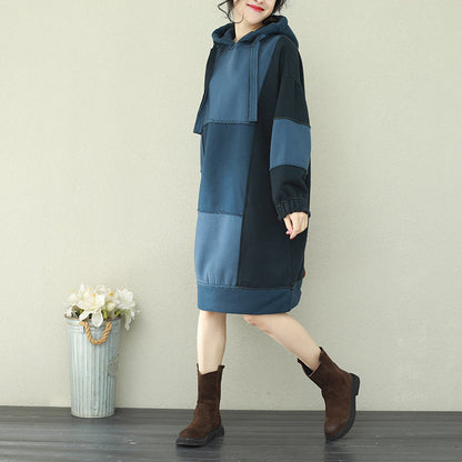 Natural patchwork hooded Cotton quilting dresses 2025 blue Midi Dress