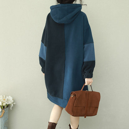 Natural patchwork hooded Cotton quilting dresses 2025 blue Midi Dress