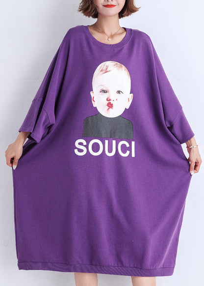 Natural purple print Cotton clothes Women Vintage Sewing o neck cotton Summer Dress