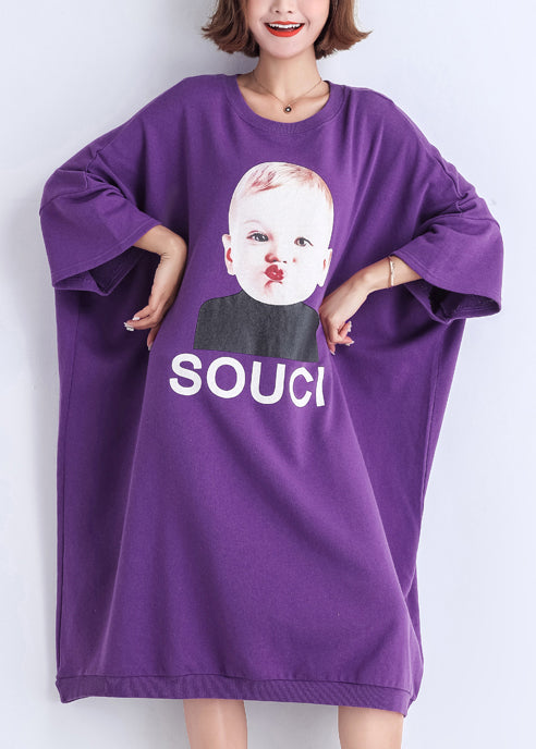 Natural purple print Cotton clothes Women Vintage Sewing o neck cotton Summer Dress