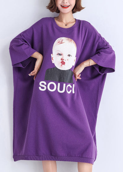 Natural purple print Cotton clothes Women Vintage Sewing o neck cotton Summer Dress