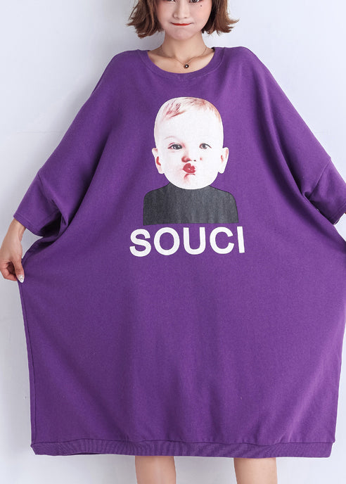 Natural purple print Cotton clothes Women Vintage Sewing o neck cotton Summer Dress