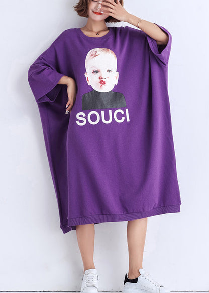 Natural purple print Cotton clothes Women Vintage Sewing o neck cotton Summer Dress