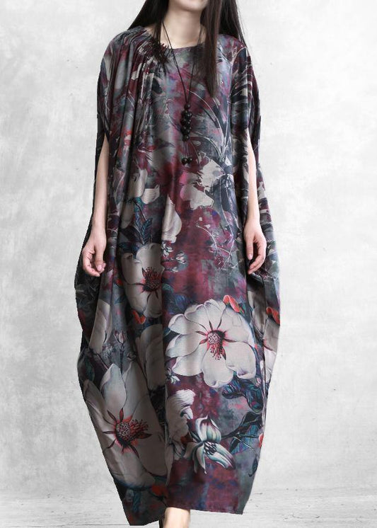 Natural purple print clothes For Women o neck Batwing Sleeve robes Dresses - SooLinen