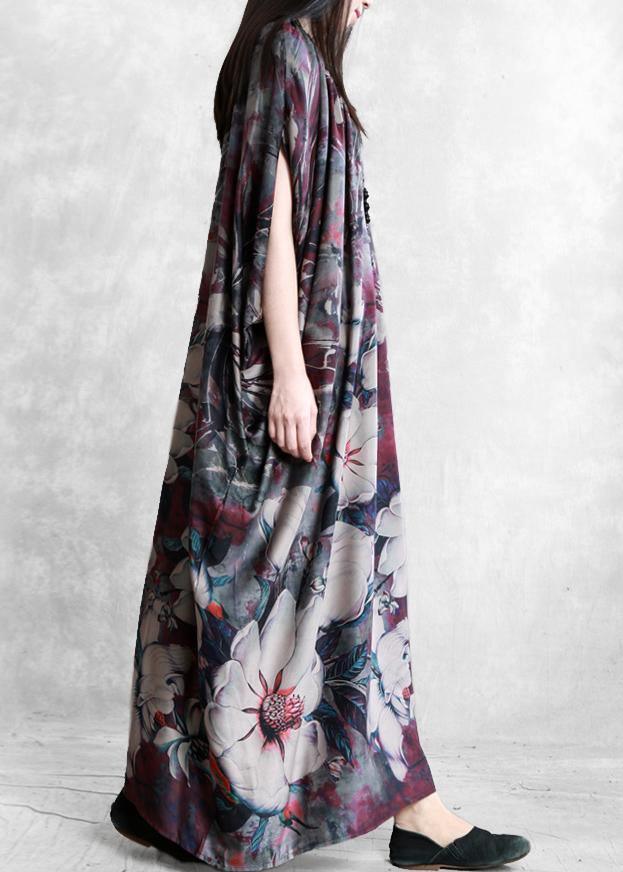 Natural purple print clothes For Women o neck Batwing Sleeve robes Dresses - SooLinen