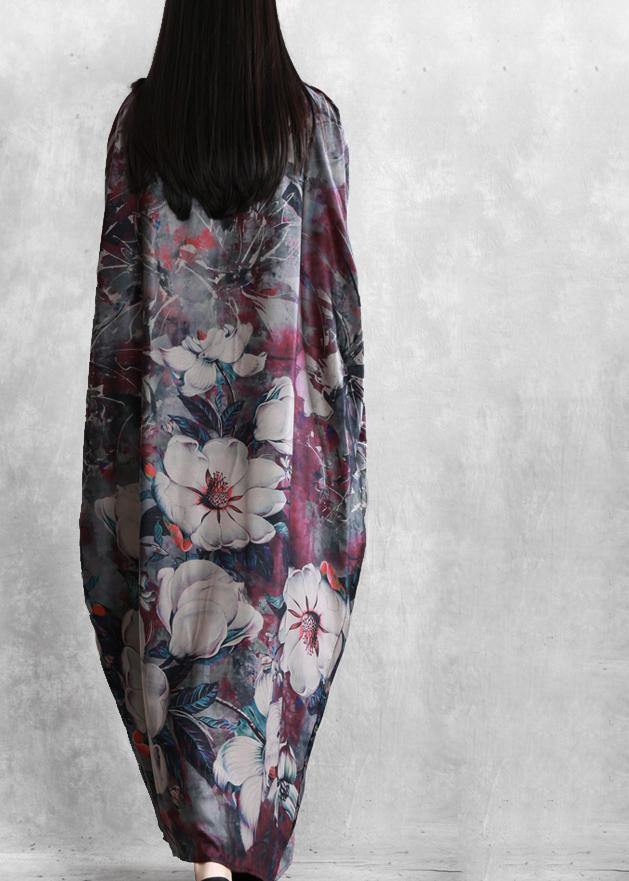 Natural purple print clothes For Women o neck Batwing Sleeve robes Dresses - SooLinen