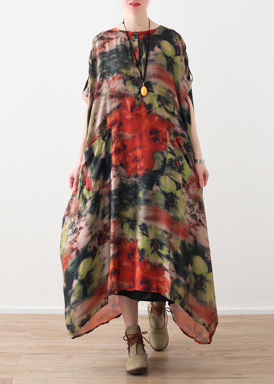 Natural red floral silk Robes 2025 Shirts o neck long summer Dresses