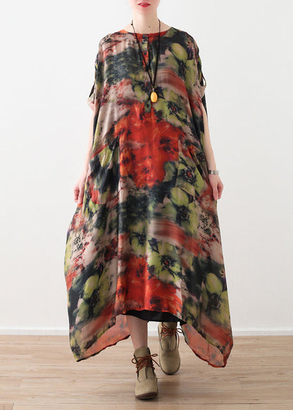 Natural red floral silk Robes 2025 Shirts o neck long summer Dresses