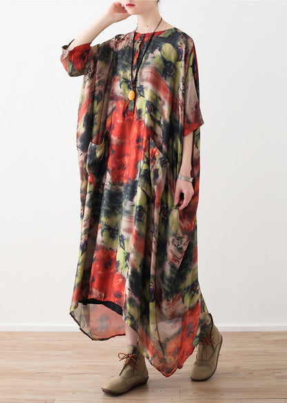 Natural red floral silk Robes 2025 Shirts o neck long summer Dresses