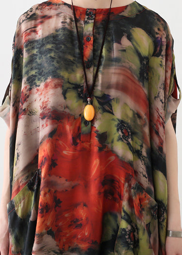 Natural red floral silk Robes 2025 Shirts o neck long summer Dresses