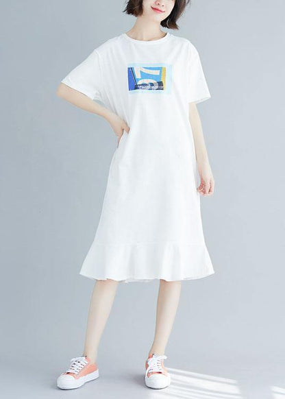 Natural ruffles hem cotton clothes For Women Shirts white prints Dress summer - SooLinen