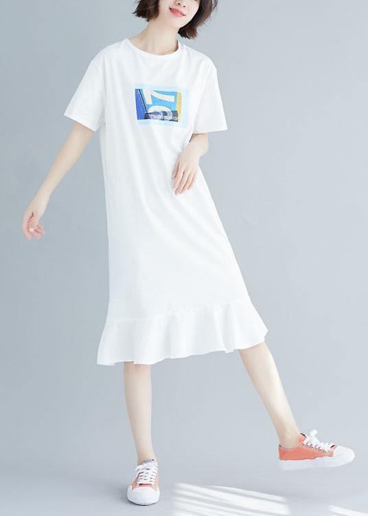 Natural ruffles hem cotton clothes For Women Shirts white prints Dress summer - SooLinen