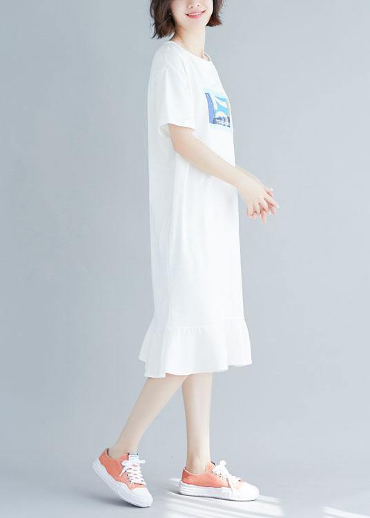 Natural ruffles hem cotton clothes For Women Shirts white prints Dress summer - SooLinen