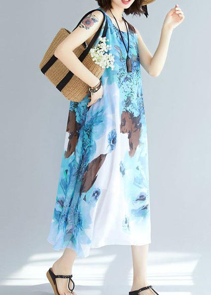 Natural sleeveless cotton Tunics Wardrobes blue prints long Dresses summer - SooLinen